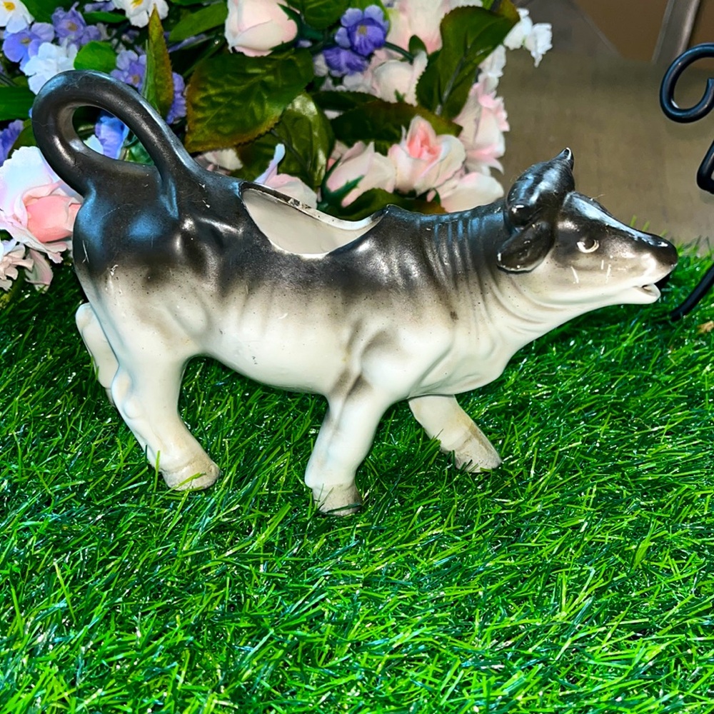 Vintage German Ceramic Cow Tail Handled Creamer-Black-Gray-White-Free Ship-EUC.